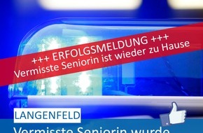 Polizei Mettmann: POL-ME: Erfolgreiche Suche: Vermisste Seniorin wohlbehalten angetroffen - Langenfeld - 2209119