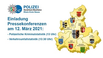 Kreispolizeibehörde Rhein-Kreis Neuss: POL-NE: Einladung zu den Pressekonferenzen - Veröffentlichung der Polizeilichen Kriminalstatistik und der Verkehrsunfallstatistik 2020 für den Rhein-Kreis Neuss (Anmeldung erforderlich)