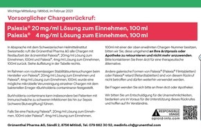 Grünenthal Pharma AG: Vorsorglicher Chargenrückruf: Palexia®, 20mg/ml Lösung zum Einnehmen, 100ml und Palexia®, 4mg/ml Lösung zum Einnehmen, 100ml