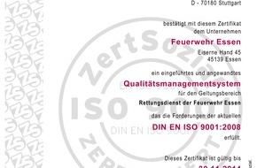 Feuerwehr Essen: FW-E: Essener Rettungsdienst erneut zertifiziert,  erste Zertifizierung erfolgte im Dezember 2002 durch den TÜV Rheinland