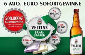 Brauerei C. & A. VELTINS GmbH & Co. KG: 6 Mio. Euro in bar bei beliebter Kronkorken-Aktion: Veltins Brausparen 2015 mit Super-Gewinn von 500.000 Euro