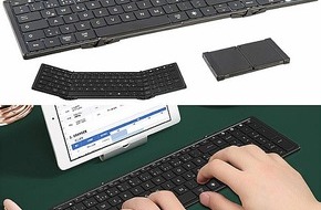 PEARL GmbH: Die Tastatur bei Nicht-Gebrauch zusammenfaltenâ: Callstel Faltbare Fullsize-Tastatur mit Bluetooth, Beleuchtung, Akku, QWERTZ