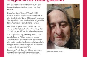 Polizeidirektion Itzehoe: POL-IZ: 251107.4 Glückstadt: Belohnung für Zeugenhinweise nach Tötungsdelikt ausgelobt (Folgemeldung zu 251103.3)