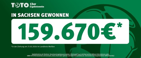 S&auml;chsische Lotto-GmbH: TOTO-Gewinn im Landkreis Mei&szlig;en: 159.670 Euro f&uuml;r die einzige richtige Vorhersage bei der 13er Wette