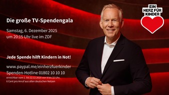 Ein Herz für Kinder: Stars und Emotionen: TV-Spendenshow "Ein Herz für Kinder" am 6. Dezember um 20:15 zum 25. Mal live im ZDF / Backstage-Show mit Social Media-Stars ab 16:30 vorab bei BILD.de / #ehfk