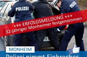 Polizei Mettmann: POL-ME: Polizei nimmt Einbrecher auf frischer Tat fest - Monheim am Rhein - 1912114