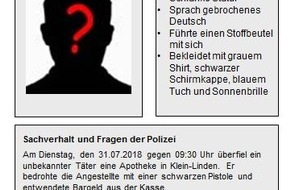 Polizeipräsidium Mittelhessen - Pressestelle Gießen: POL-GI: Pressemeldung vom 15.08.2018:




Gießen: Kripo sucht mit Fahndungsplakat nach Räuber