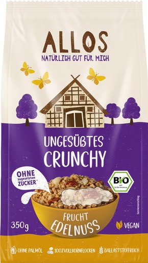 Presseinfo: Allos baut ungesüßtes Crunchy-Sortiment aus: Neue Sorten Frucht Edelnuss und Kakao