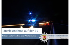 Polizeidirektion Neustadt/Weinstraße: POL-PDNW: Polizeiautobahnstation Ruchheim - Täterfestnahme nach mehreren Verkehrsstraftaten unter Alkoholeinfluss