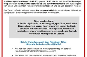 Polizeiinspektion Göttingen: POL-GÖ: (97/2023) Sexueller Übergriff auf Fußgängerin in Geismar - Frau leicht verletzt, Täter flüchtig, Zeugen gesucht