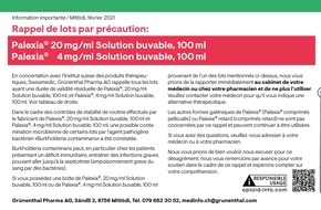 Grünenthal Pharma AG: Rappel de lots par précaution / Palexia®, 20 mg/ml Solution buvable, 100 ml / Palexia®, 4 mg/ml Solution buvable, 100 ml