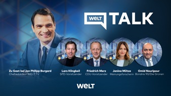 PREMIUM-Gruppe GmbH: WELT TALK am Mittwoch, 27. September, um 15.45 Uhr mit Lars Klingbeil (SPD), Friedrich Merz (CDU), Janina Mütze (Civey) und Omid Nouripour (Bündnis 90/Die Grünen)