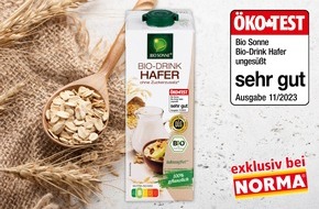 NORMA: Bio-Hafer-Drink von NORMA überzeugt im großen ÖKOTEST und schneidet "sehr gut" ab / BIO SONNE-Produkt garantiert guten Geschmack und gesunde Inhaltsstoffe für wenig Geld