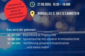 Polizeipräsidium Koblenz: POL-PPKO: Spannender Erlebnistag für Berufsinteressierte bei der Polizei in Lahnstein