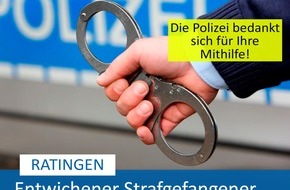 Polizei Mettmann: POL-ME: Entwichener Strafgefangener nach Zeugenhinweis festgenommen - Ratingen / Essen - 2404027