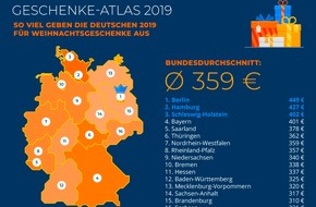 Idealo Internet GmbH: Geschenke-Atlas 2019: Berliner im Weihnachtsgeschenke-Fieber, Sachsen eher sparsam