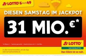 Sächsische Lotto-GmbH: LOTTO 6aus49-Jackpot steigt auf rund 31 Millionen Euro