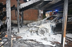 Polizeiinspektion Stade: POL-STD: Carport zwischen zwei Reihenhäusern in Stade ausgebrannt - PKW komplett zerstört - Sachschaden ca. 50.000 Euro, Zwei Transporter an der Bundesstraße 73 in Ovelgönne aufgebrochen