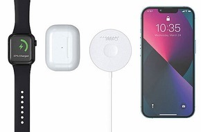 PEARL GmbH: Perfekt für Apple-User - lädt iPhone, Watch & AirPods: Callstel Kabelloses 3in1-Ladepad, Qi- & MagSafe-kompatibel, 2,5-15 Watt, 30/100 cm