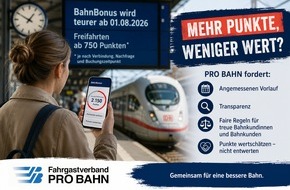 Fahrgastverband PRO BAHN e. V.: PRO BAHN: Bahn-Chefin Palla bricht Preisversprechen: Bis zu ein Drittel h&ouml;here BahnBonus-Preise f&uuml;r flexible Freifahrten sind eine versteckte Preiserh&ouml;hung