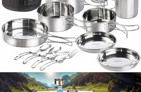 PEARL GmbH: Beim Camping kochen und essen wie zu Hause: Semptec Urban Survival Technology 12-teiliges Edelstahl-Campinggeschirr-Komplettset mit Besteck & Tasche