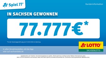 S&auml;chsische Lotto-GmbH: Zwickauer meldet Gewinn von 77.777 Euro bei Spiel 77 an