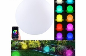 PEARL GmbH: Luminea Home Control WLAN-Akku-Leuchtkugel mit RGBW-LEDs und App, 576 lm, IP54, Ø 20 cm: Das Stimmungslicht bequem per App und Sprachbefehl steuern