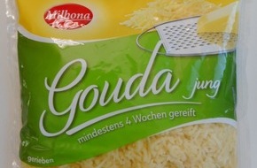 Lidl: Der niederländische Hersteller A-ware Packaging B.V. informiert über einen Warenrückruf des Produktes "Milbona Gouda jung gerieben, mindestens 4 Wochen gereift, 250g".