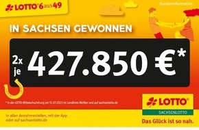 Sächsische Lotto-GmbH: „6 Richtige“ bringen zwei Mal 427.850 Euro nach Sachsen