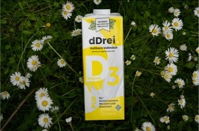 ddrei Milch: Durchbruch: Neuartige dDrei-Milch enthält als erste Milch auf natürliche Weise hohe Mengen an Vitamin D / Patentgeschützte Methode / Bis zu 20-mal mehr Sonnenvitamin in dDrei-Milch