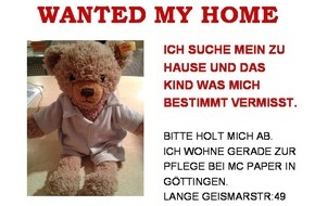 Polizeidirektion Göttingen: POL-GOE: (381/2014) "Wanted: My Home" -  Im Geschäft verlorener Teddybär sucht sein Zuhause