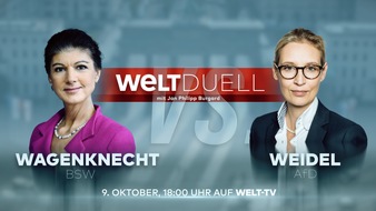 WELT Nachrichtensender: Alice Weidel und Sahra Wagenknecht im WELT TV-Duell / Mittwoch, 9. Oktober, ab 18 Uhr