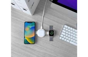 PEARL GmbH: Gleichzeitig iPhone, Apple Watch und AirPods kabellos aufladen: Callstel 3in1-Ladegerät für iPhone, AirPods und Apple Watch, MagSafe, weiß/schwarz