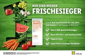 Lidl: Nummer 1 bei Obst und Gemüse: Kunden wählen Lidl erneut zum Frischesieger / Zum sechsten Mal erhält Lidl den "Fruchthandel Magazin Retail Award" in der Kategorie "Discount"