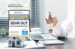 Gesellschaft f&uuml;r Qualit&auml;tspr&uuml;fung mbH: Gesellschaft f&uuml;r Qualit&auml;tspr&uuml;fung pr&auml;sentiert die Ergebnisse des Bankentest Baufinanzierung 2026