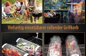 PEARL GmbH: Das Grillgut optimal und sicher platzieren: Rosenstein & Söhne 2er-Set Grillkörbe aus Edelstahl, stapelbar, inkl. Haken und Spieße