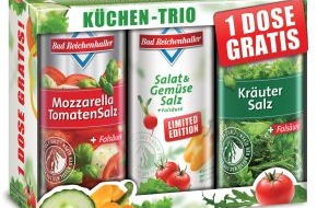 Südsalz GmbH: Bad Reichenhaller gibt frischem Salat und Gemüse die richtige Würze
/ "Salat&GemüseSalz" für kurze Zeit erhältlich / Eine Dose gratis beim Kauf eines "Küchen-Trios" (mit Bild)
