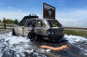 Polizeidirektion Neustadt/Weinstraße: POL-PDNW: Polizeiautobahnstation Ruchheim: Hitzewelle macht nicht nur Menschen zu schaffen - PKW brennt auf A6 vollkommen aus.