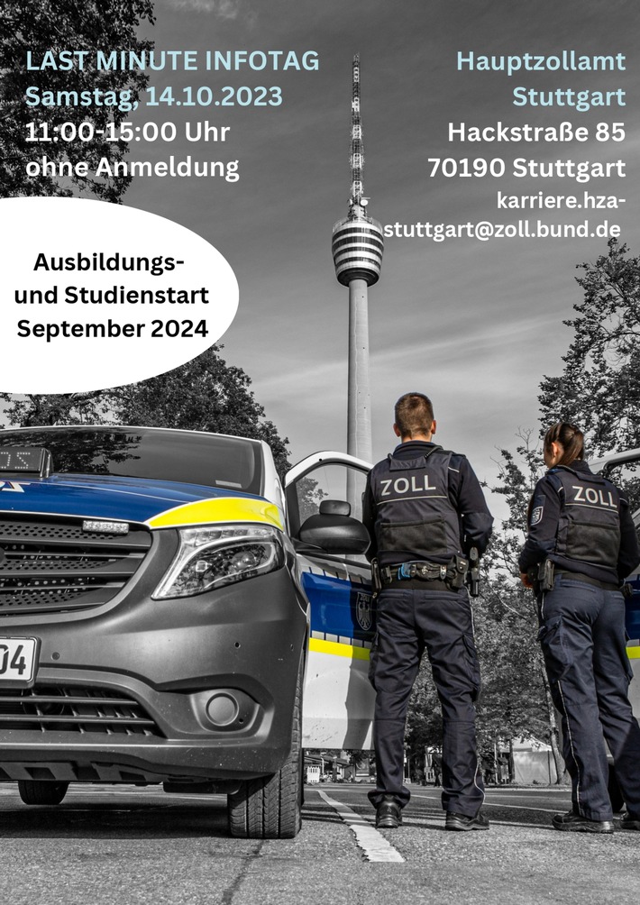 HZA-S: Last Minute Infotag beim Zoll in Stuttgart, 14. Oktober 2023 Informationen zu den Ausbildungs- und Studienangeboten beim Zoll