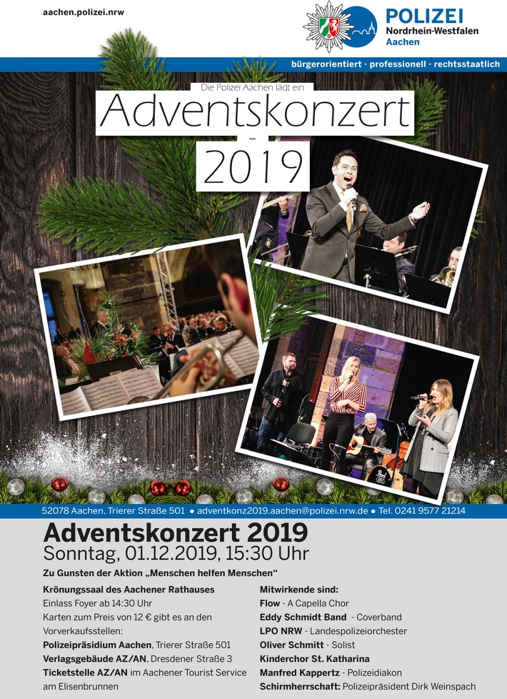 POL-AC: Die Aachener Polizei lädt ein - "Musik unter Freunden" - Adventskonzert am 01.12.2019 im Krönungssaal