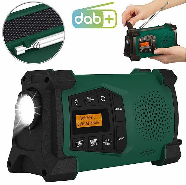 infactory Mobiles DAB+ Digital-Kurbelradio SOL-1545 mit Solarpanel, LED, USB: Im Notfall oder beim Camping mit Strom, Licht und Radio versorgt