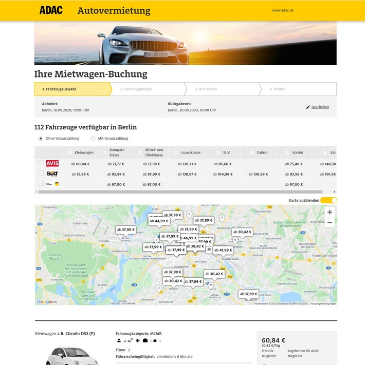 Neu: Stations-Karte für Mietwagen hilft bei der Suche / Nur die ADAC Autovermietung bietet eine virtuelle Umgebungssuche an/ 8.000 Mietstationen aller Partner weltweit angeschlossen