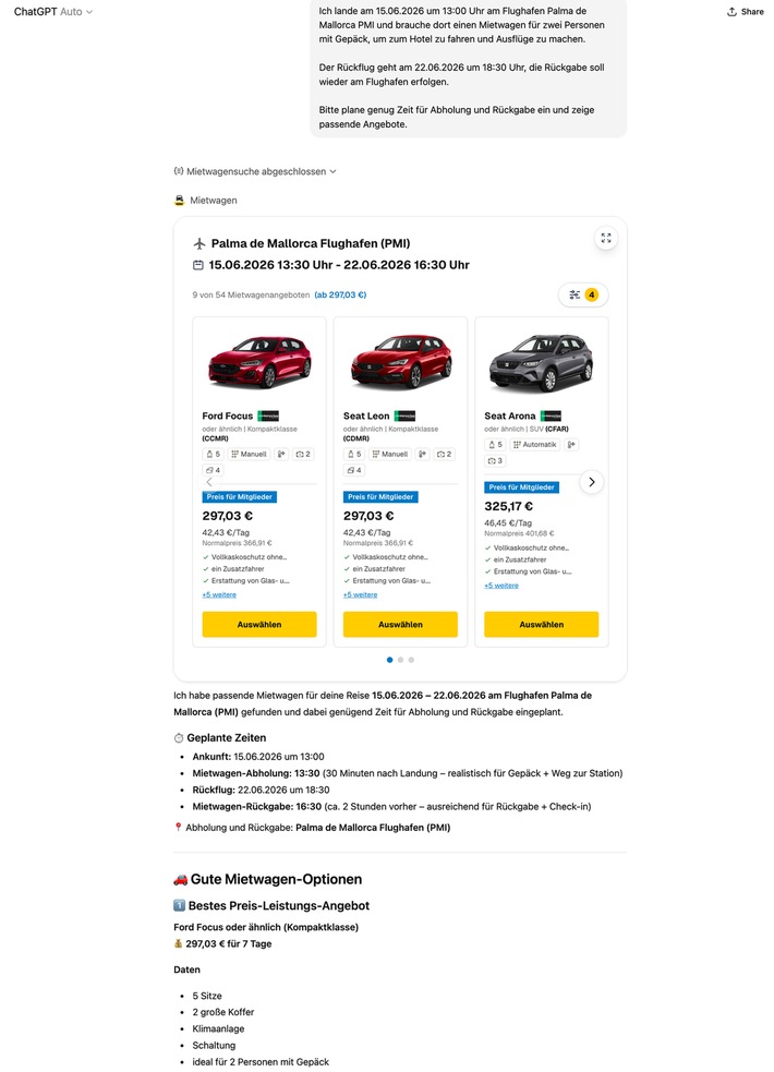 Neu bei der ADAC Autovermietung: Mietwagen bequem über ChatGPT buchen