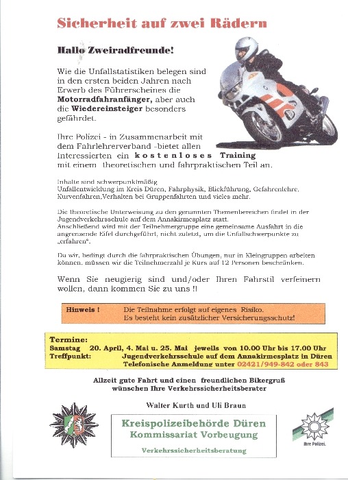 POL-DN: 020321 -1- (Kreis Düren) Sicherheit auf zwei Rädern - Polizei und Fahrlehrerverband bieten Motorradtraining an (Plakat als Anlage)