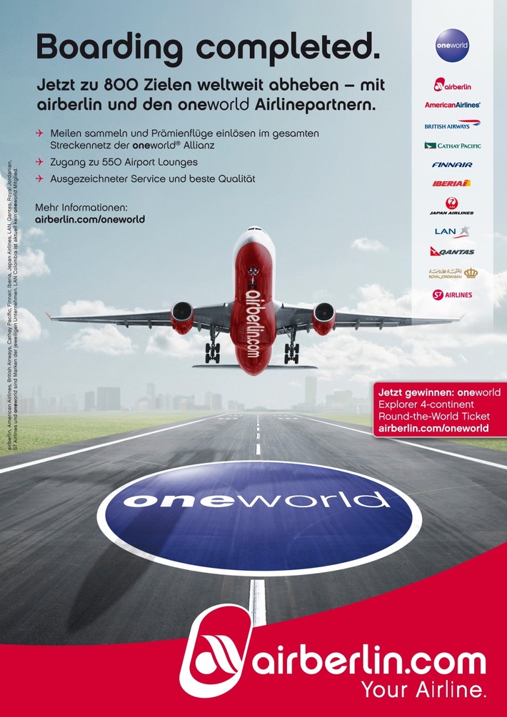 Neue Werbekampagne von airberlin und oneworld / &quot;oneworld Explorer 4-continent Round-the-World Ticket&quot; zu gewinnen