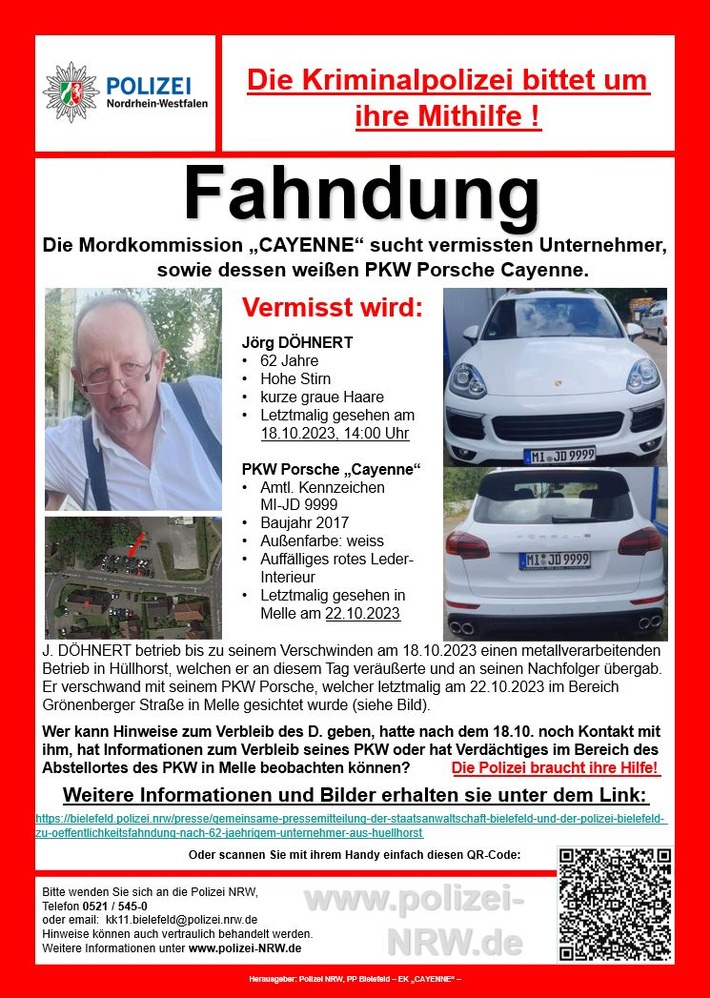 POL-BI: Zweite Gemeinsame Pressemitteilung der Staatsanwaltschaft Bielefeld und der Polizei Bielefeld zu: Öffentlichkeitsfahndung nach 62-jährigem Unternehmer aus Hüllhorst - Festnahme eines Tatverdächtigen