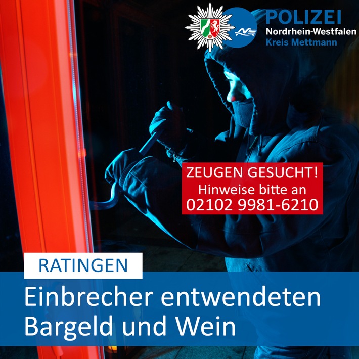 POL-ME: Einbrecher entwendeten Bargeld und Wein - hoher Schaden - Ratingen - 2212103