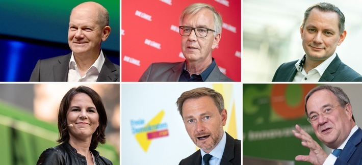 Die Radiozentrale hat in Kooperation mit der Deutschen Presse-Agentur die Kanzler- und Spitzenkandidaten der im Bundestag vertretenen Parteien unter die Lupe genommen. Auf das innovative Format haben sich eingelassen (v.o.li.): Olaf Scholz (SPD), Dr. Dietmar Bartsch (DIE LINKE), Tino Chrupalla (AfD), Annalena Baerbock (BÜNDNIS 90/DIE GRÜNEN), Christian Lindner (FDP) und Armin Laschet (CDU). / Weiterer Text über ots und www.presseportal.de/nr/8218 / Die Verwendung dieses Bildes ist für redaktionelle Zwecke unter Beachtung ggf. genannter Nutzungsbedingungen honorarfrei. Veröffentlichung bitte mit Bildrechte-Hinweis.