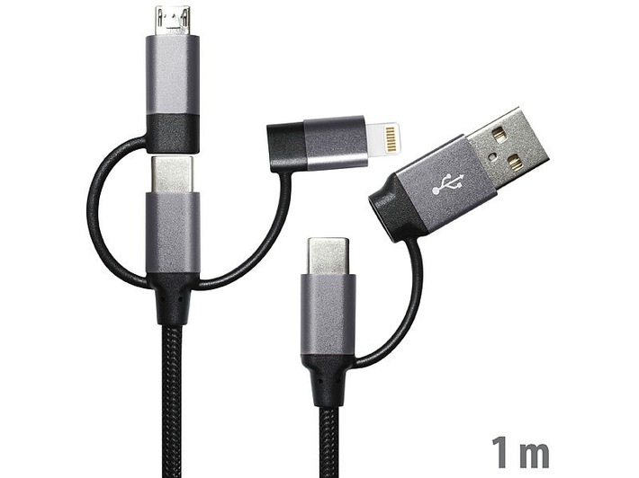 Callstel 6in1-Schnelllade- &amp; Datenkabel USB-A/C zu USB-C/MicroUSB, 3A/60 Watt, 1m