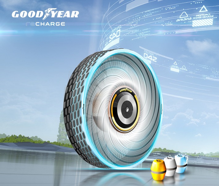 Auto-Salon Genf 2020 / Der Goodyear reCharge - ein Konzeptreifen der den Reifenwechsel erleichtert: mit individualisierbaren Kapseln, die seine Lauffläche erneuern